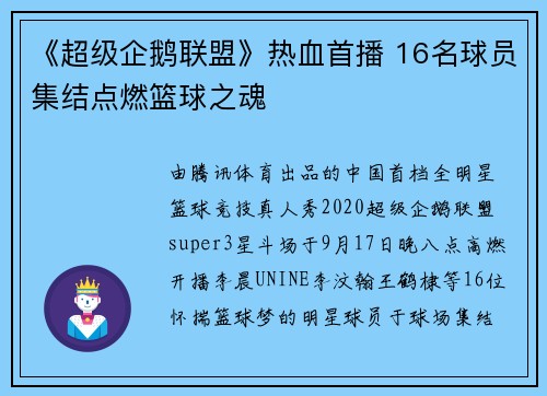 《超级企鹅联盟》热血首播 16名球员集结点燃篮球之魂