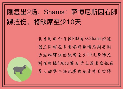 刚复出2场,Shams:萨博尼斯因右脚踝扭伤,将缺席至少10天